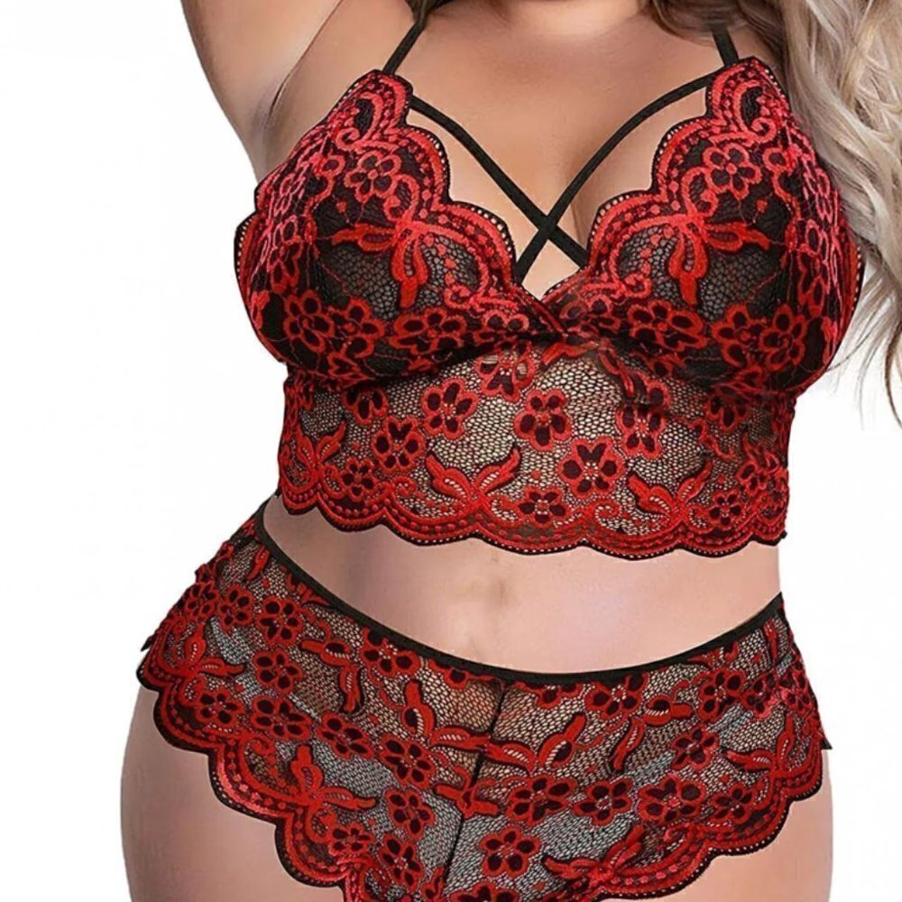 ICHUANYI Women's Plus Size Sexy Lace Wireless Bra Lingerie Set